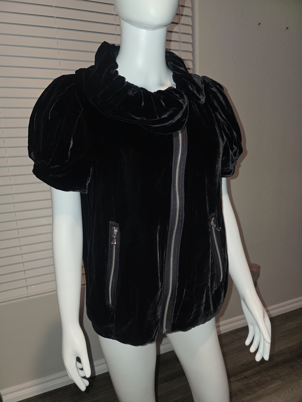 MARC by MARC Jacobs Black Velvet Short Sleeve Zip-Up Top